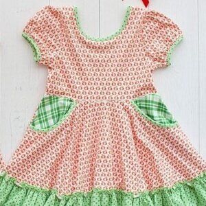 Shrimp & Grits Kids Red Apples & Green Polka Dot Trim Dress with Pocket Details